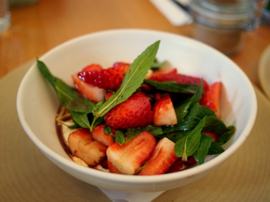Strawberry salad, pomegranate pearls, mint, rosewater yoghurt.